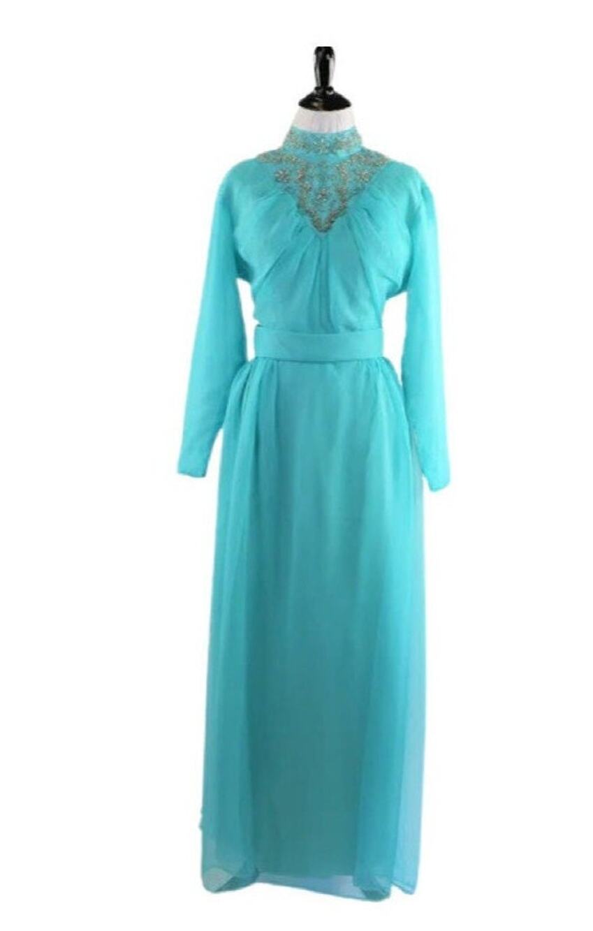 Vintage 1970s Blue Chiffon Maxi Dress with Ornately Beaded Neckline Medium